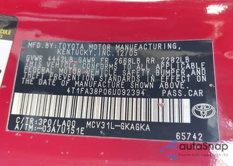 2006 Toyota Camry Solara Sle z USA, uszkodzony, nr VIN 4T1FA38P06U092394